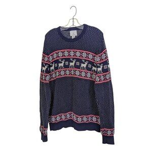 Aspen Nordic Fair Isle Cotton Sweater Mens XL Navy Deer Snow Ski Cabin Christmas